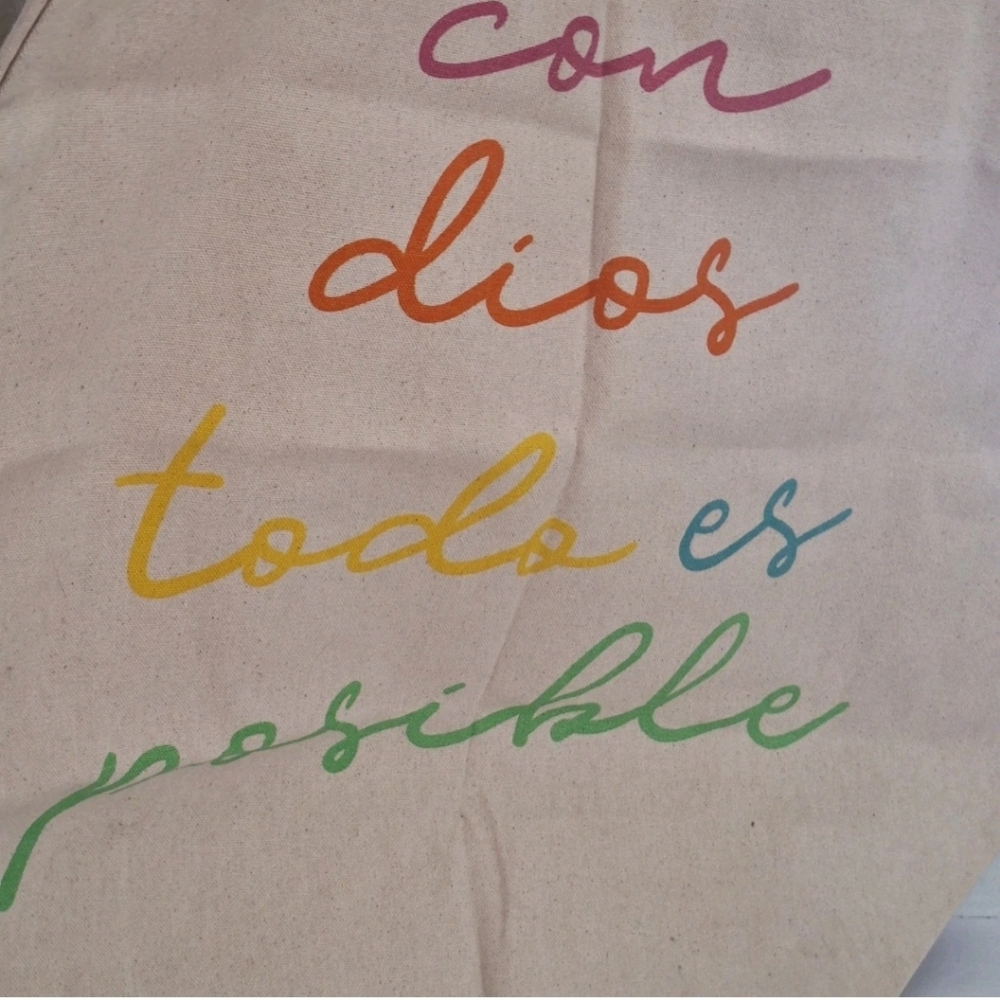Boho Living With God All Things Are Possibls Spanish Canvas Cotton Tote Bag NWT - Picture 3 of 15